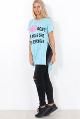 Justina Blue Slogan Side Split Top-Tops