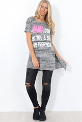 Justina Grey Slogan Side Split Top-Tops