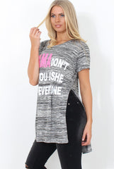 Justina Grey Slogan Side Split Top-Tops