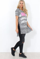 Justina Grey Slogan Side Split Top-Tops