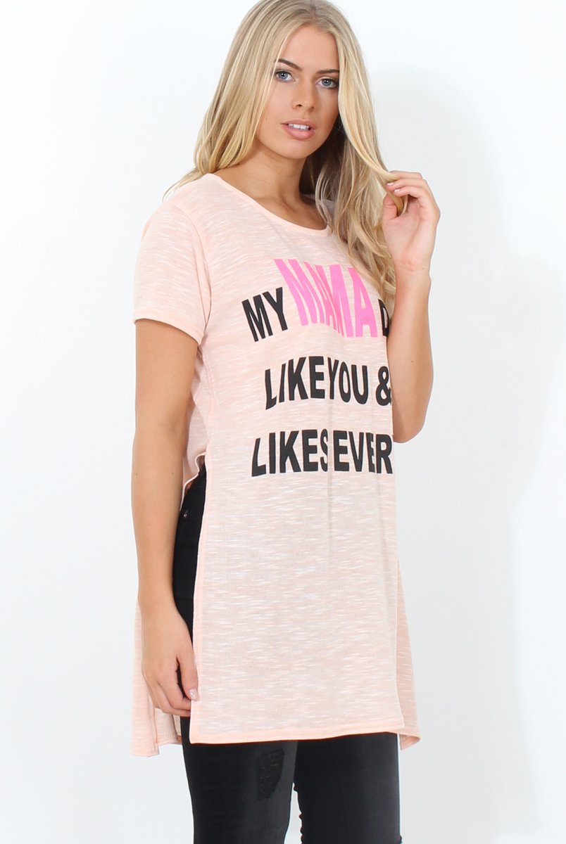 Justina Nude Slogan Side Split Top-Tops