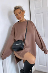 Mocha Oversized Slit Sweatshirt Dress - Kierell