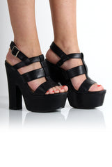 Kaira Black PU Strappy Chunky Heels-Heels