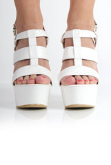 Kaira White PU Strappy Chunky Heels-Heels