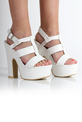 Kaira White PU Strappy Chunky Heels-Heels