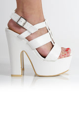 Kaira White PU Strappy Chunky Heels-Heels
