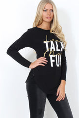 Kari Black Slogan Curved Hem Top-Tops
