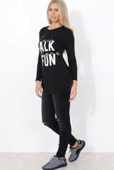 Kari Black Slogan Curved Hem Top-Tops