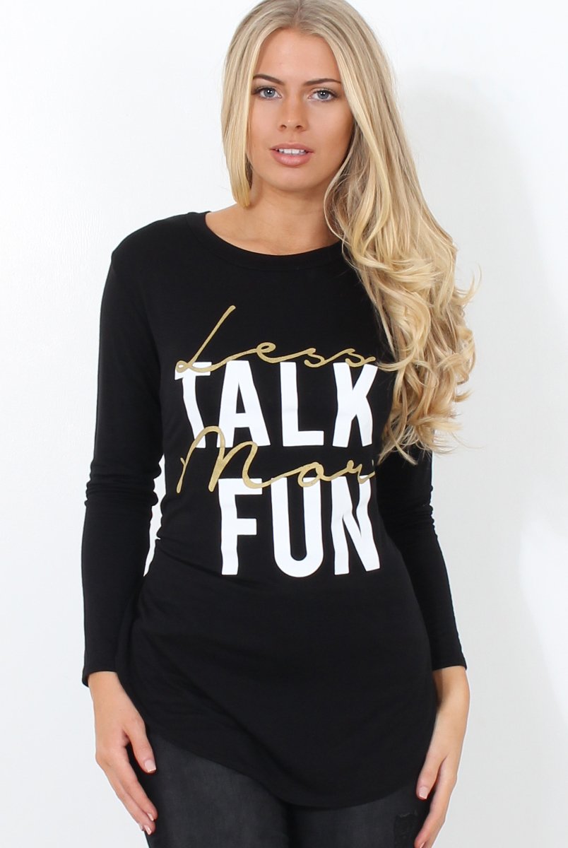 Kari Black Slogan Curved Hem Top-Tops