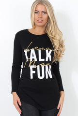 Kari Black Slogan Curved Hem Top-Tops