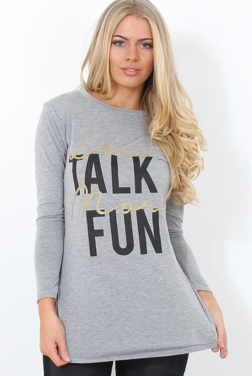 Kari Grey Slogan Curved Hem Top-Tops