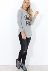 Kari Grey Slogan Curved Hem Top-Tops
