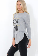 Kari Grey Slogan Curved Hem Top-Tops