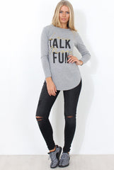 Kari Grey Slogan Curved Hem Top-Tops