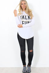 Kari White Slogan Curved Hem Top-Tops