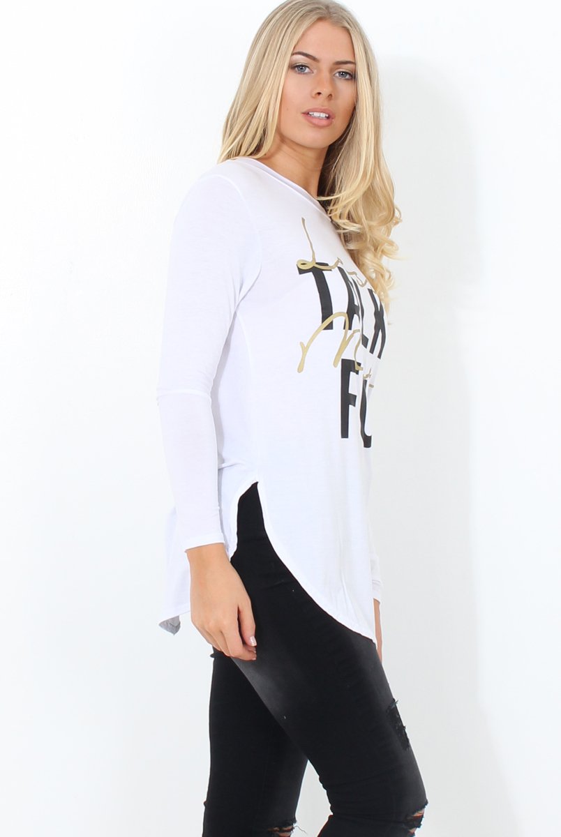 Kari White Slogan Curved Hem Top-Tops