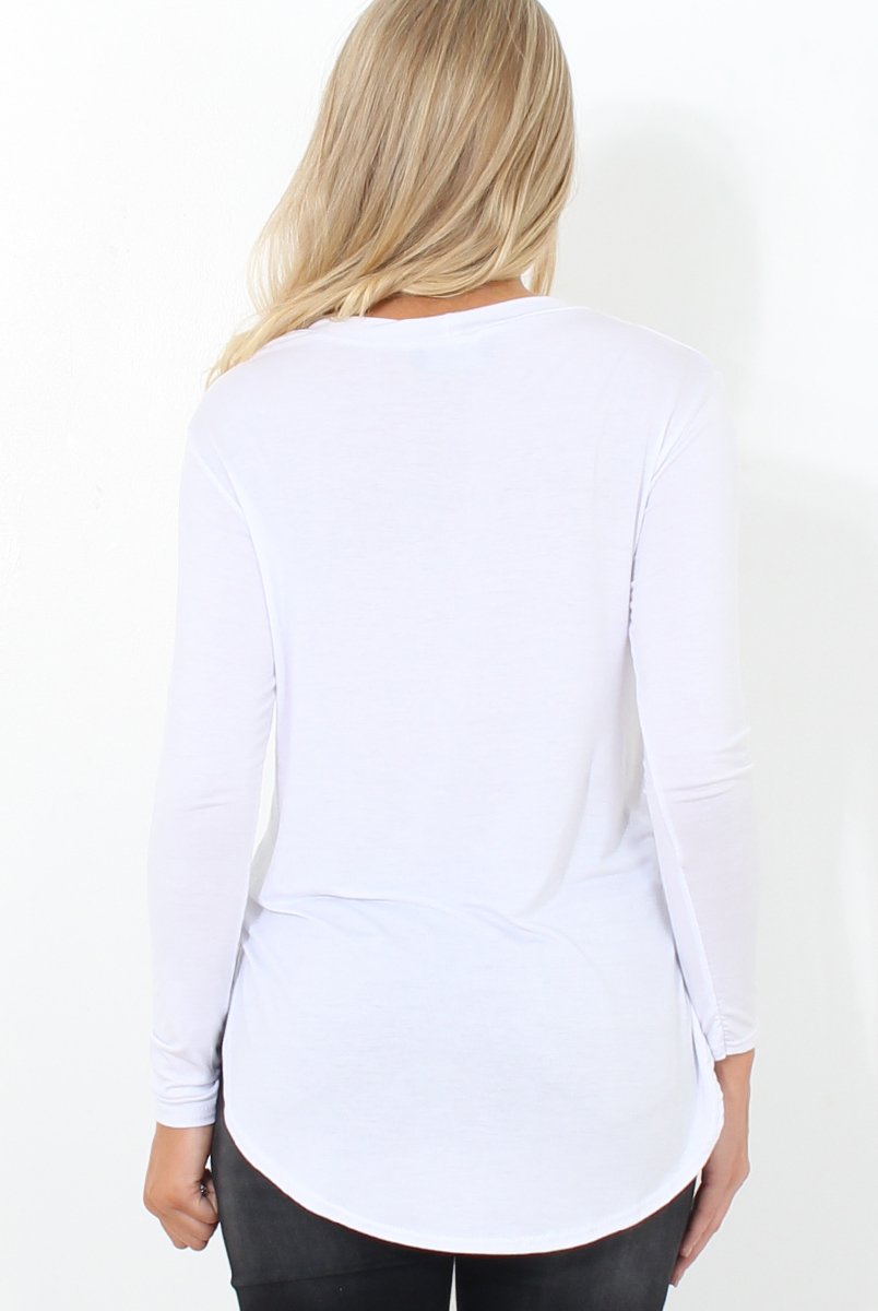 Kari White Slogan Curved Hem Top-Tops