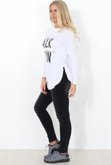 Kari White Slogan Curved Hem Top-Tops