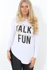 Kari White Slogan Curved Hem Top-Tops