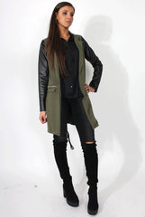 Karina Khaki PU Long Jacket-Jackets