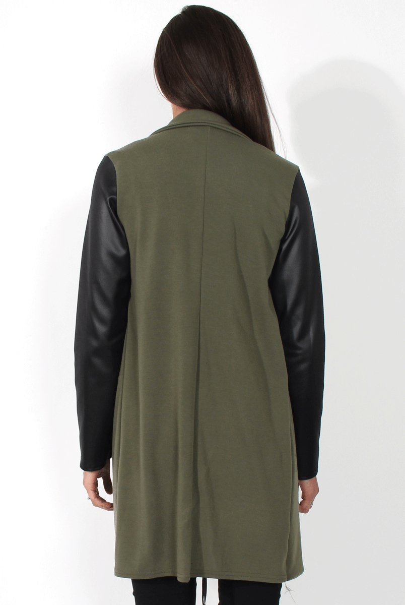 Karina Khaki PU Long Jacket-Jackets