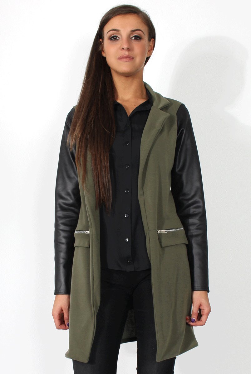 Karina Khaki PU Long Jacket-Jackets