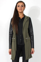 Karina Khaki PU Long Jacket-Jackets