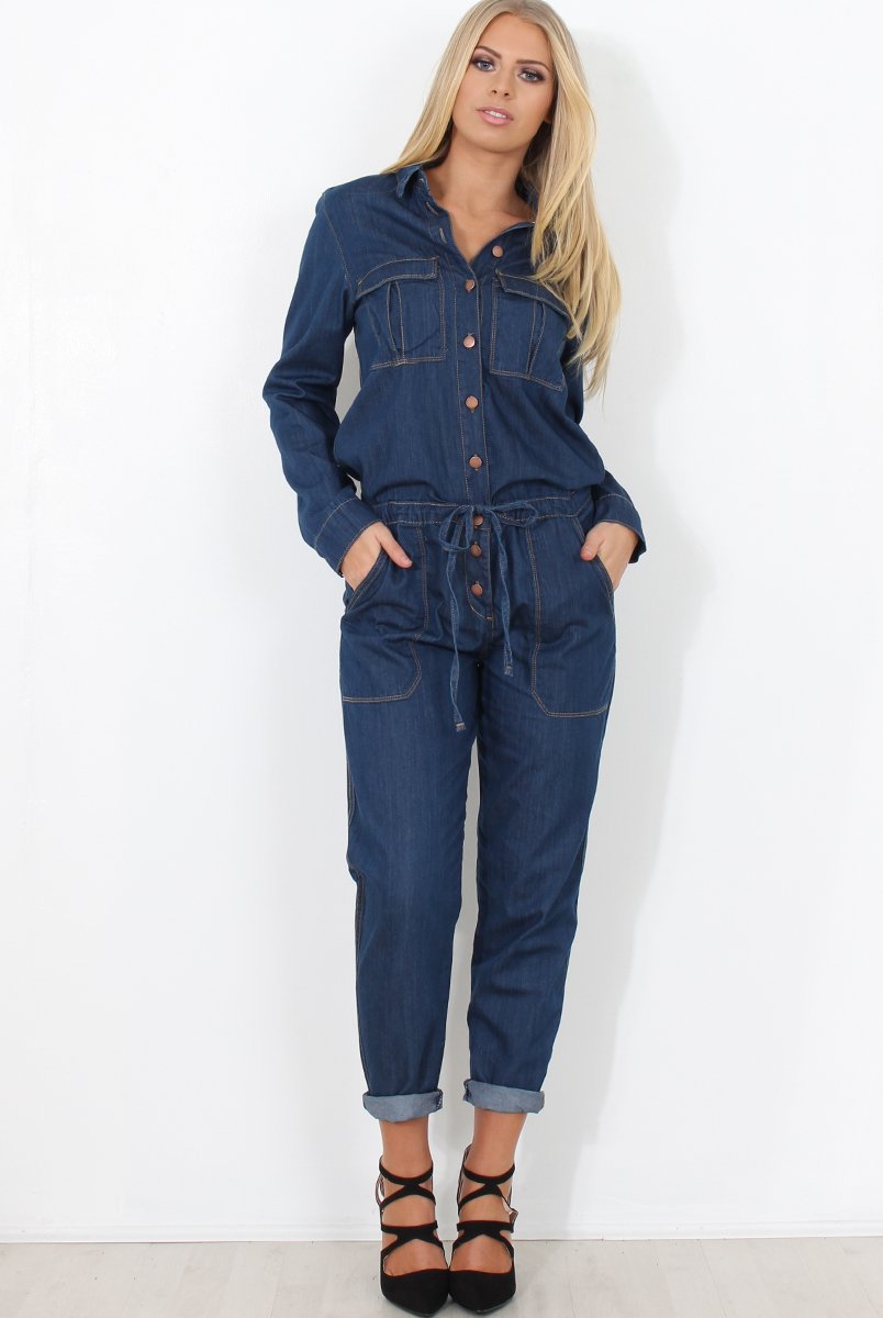 Kath Mid Blue Denim Jumpsuit-Jumpsuits