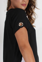 Katrina Black Eyelet Slit Front Top-Tops