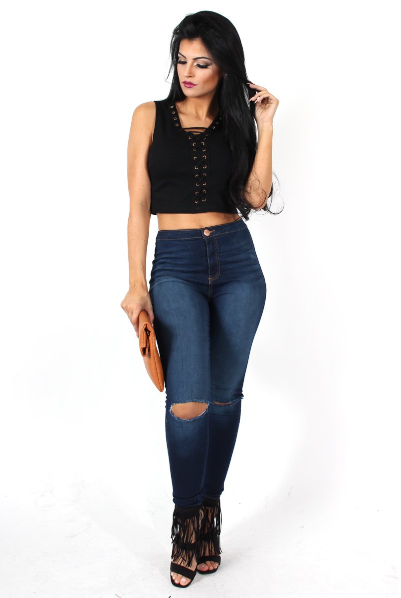 Kay Black Tie Front Top-Tops