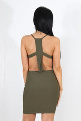 Kayla Khaki Cut Out Plunge Mini Dress-Dresses