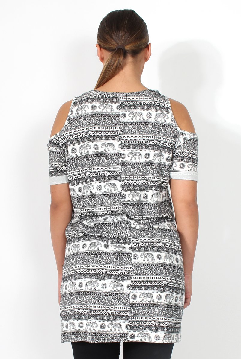 Kaylee Aztec Cut Out Shoulder Dress-Dresses