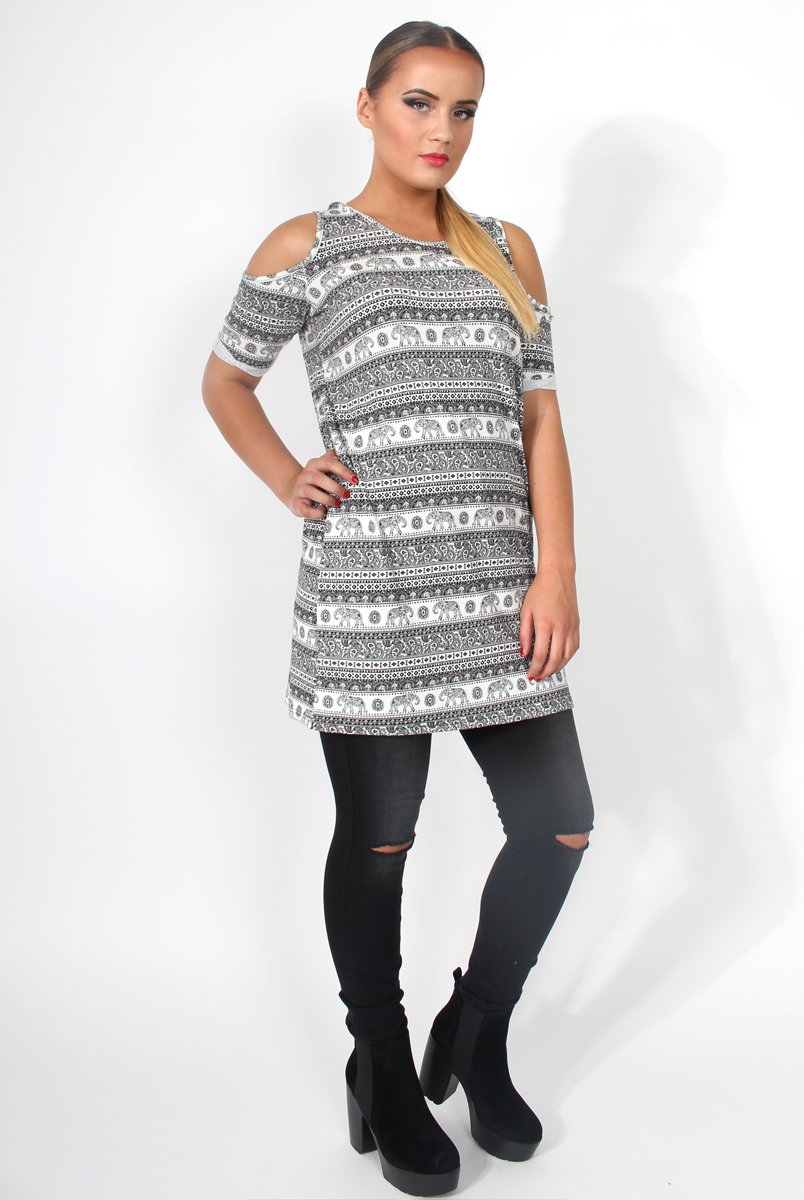 Kaylee Aztec Cut Out Shoulder Dress-Dresses