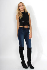 Keelly Black High Neck Tie Up Top-Tops