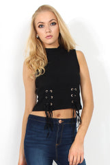 Keelly Black High Neck Tie Up Top-Tops