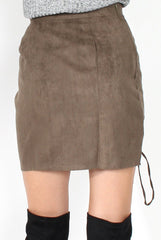 Keely Grey Suede Tie Up Mini Skirt-Skirts