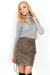 Keely Grey Suede Tie Up Mini Skirt-Skirts