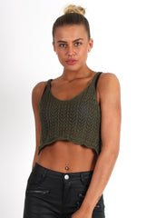 Kelis Khaki Crochet Crop Top-Tops