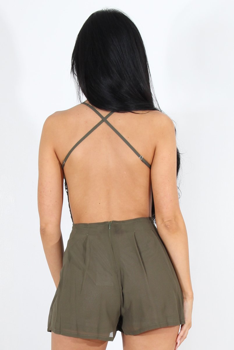 Kendra Khaki Lace V Front Playsuit-Playsuits