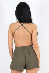 Kendra Khaki Lace V Front Playsuit-Playsuits