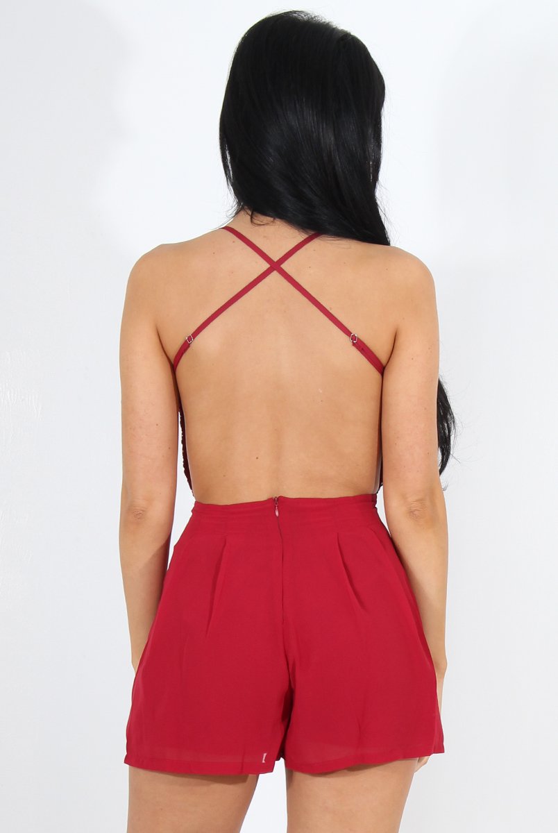 Kendra Wine Lace V Front Playsuit-Playsuits