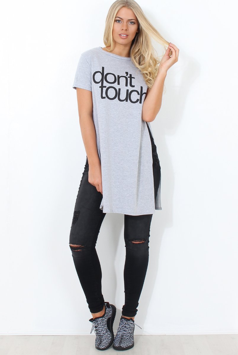 Kerra Grey Slogan Side Split Top-Tops