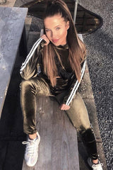 Khaki And White Stripe Velour Cropped Tracksuit - Deymi-Loungewear