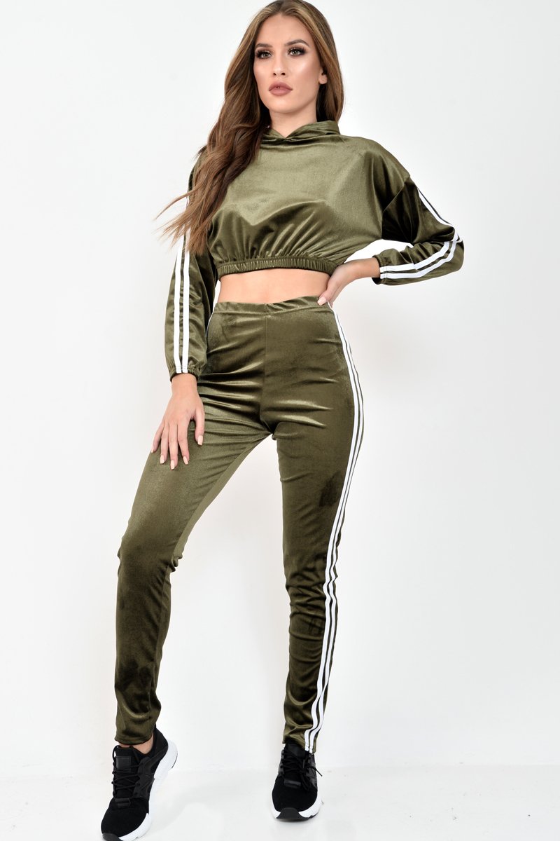 Khaki And White Stripe Velour Cropped Tracksuit - Deymi-Loungewear