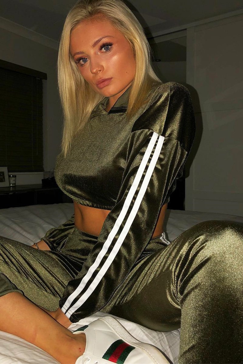 Khaki And White Stripe Velour Cropped Tracksuit - Deymi-Loungewear
