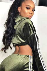 Khaki And White Stripe Velour Cropped Tracksuit - Deymi-Loungewear