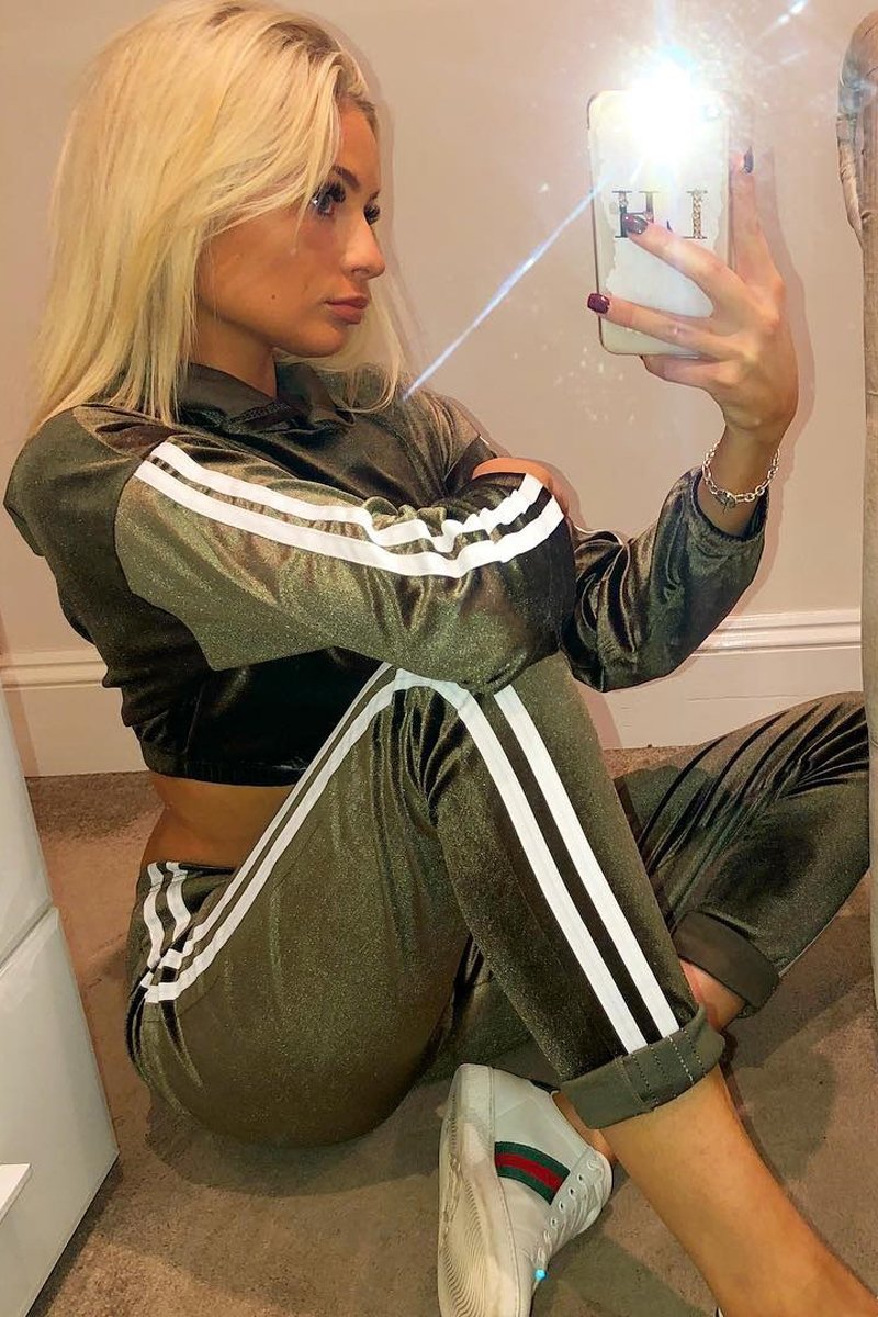 Khaki And White Stripe Velour Cropped Tracksuit - Deymi-Loungewear