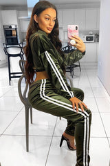 Khaki And White Stripe Velour Cropped Tracksuit - Deymi-Loungewear