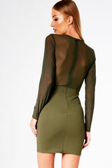Khaki Applique Mesh Long Sleeve Bodycon Dress - Georgina-Dresses