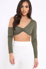 Khaki Asymmetric Crop Top - Nicki-Crop Tops